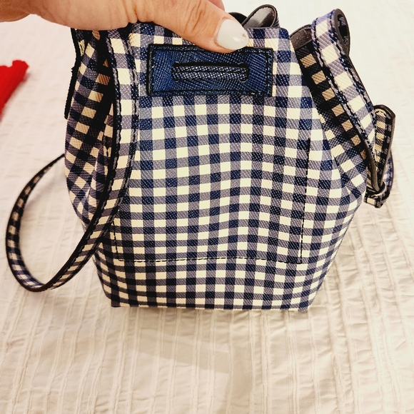 J Crew gingham blue bucket 100% leather shoulder crossbody bag - Picture 10 of 14
